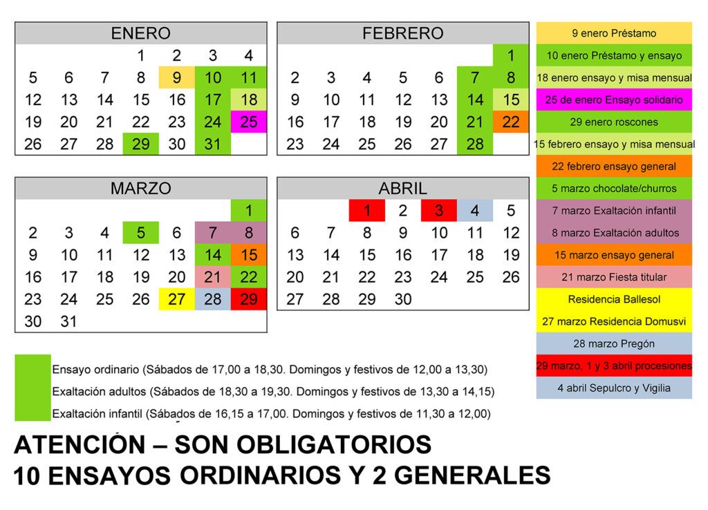 Calendario de ensayos 2026